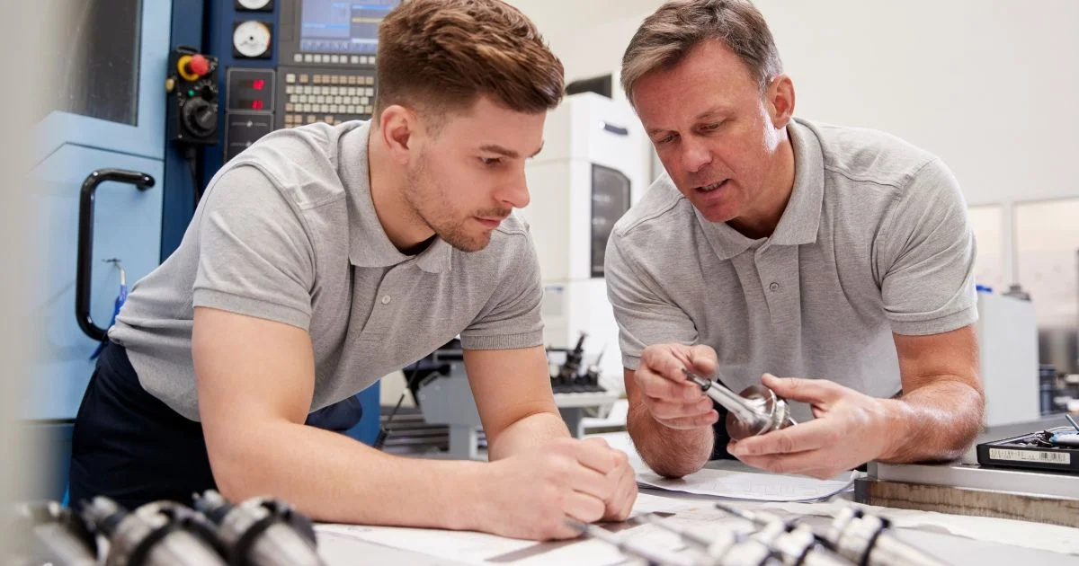 Two engineers discussing and examining a mechanical part over technical blueprints in a workshop.